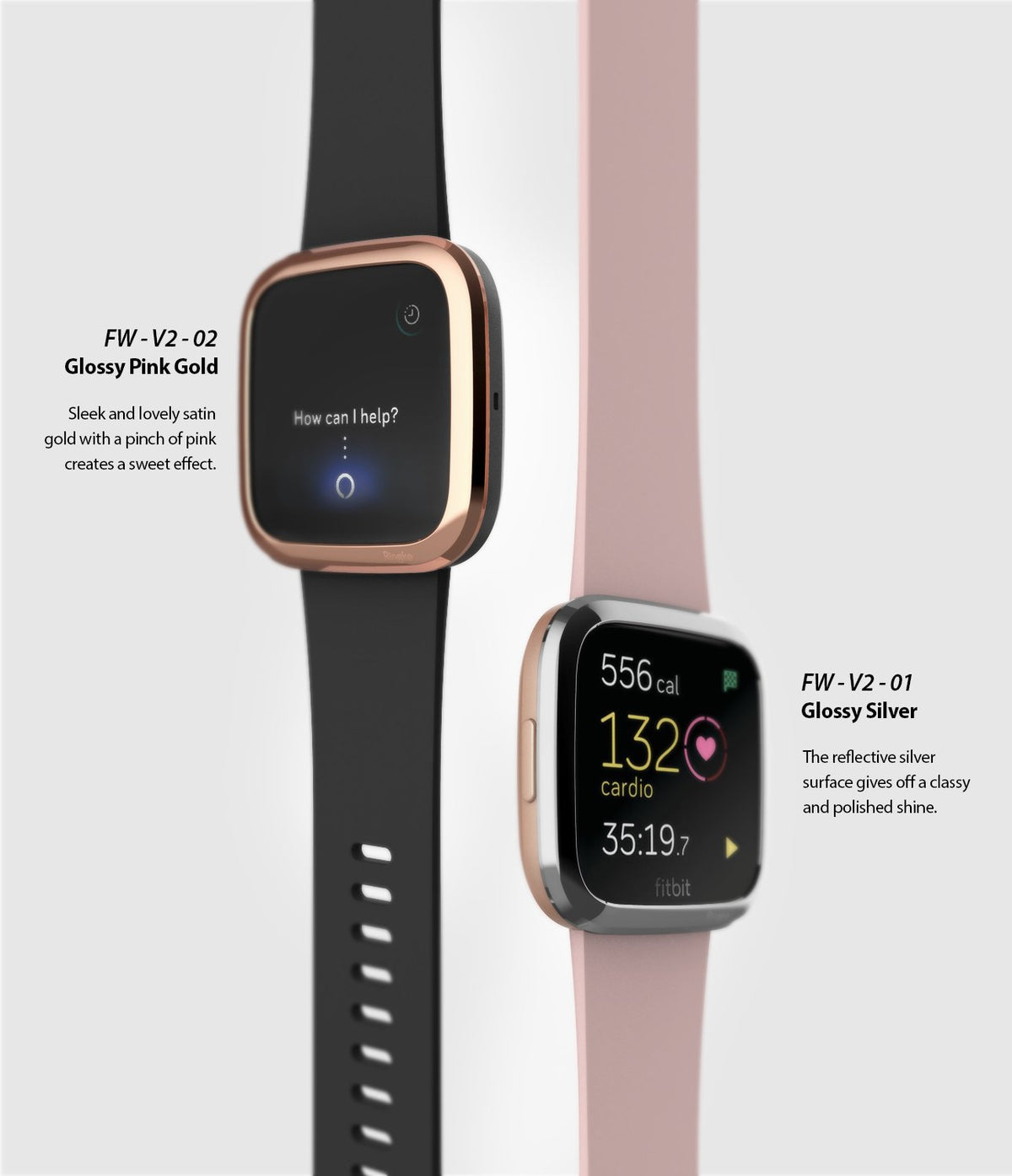 Fitbit Versa 2 | Bezel Styling 02 - Two Fitbit Versa 2 watches with glossy pink gold and silver metal bezel styling rings.