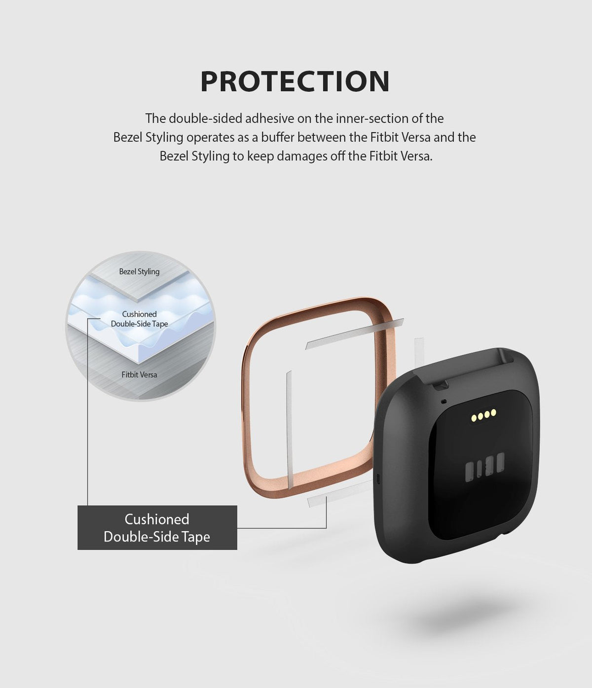 Fitbit Versa 2 | Bezel Styling 02 - Exploded view showing adhesive tape between the watch body and bezel ring.