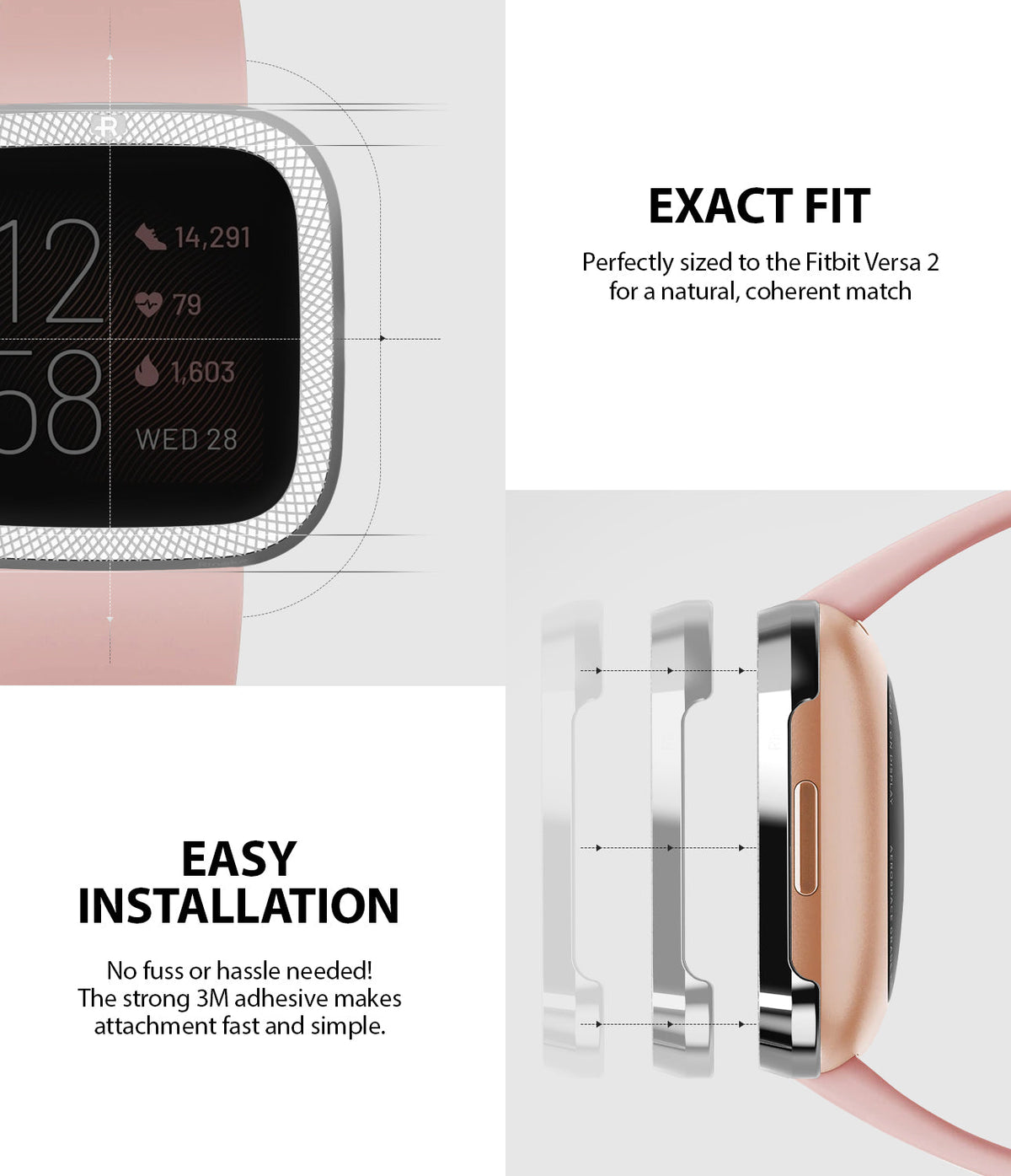 Fitbit Versa 2 | Bezel Styling 42 - A silver bezel ring being applied to a pink Fitbit Versa 2 with adhesive.