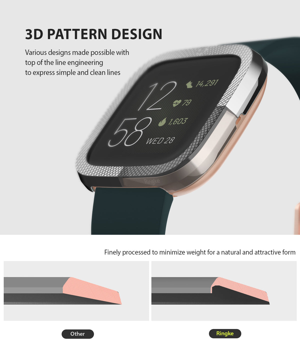 Fitbit Versa 2 | Bezel Styling 42 - Smartwatch with a textured silver bezel and cross-section comparison diagrams.