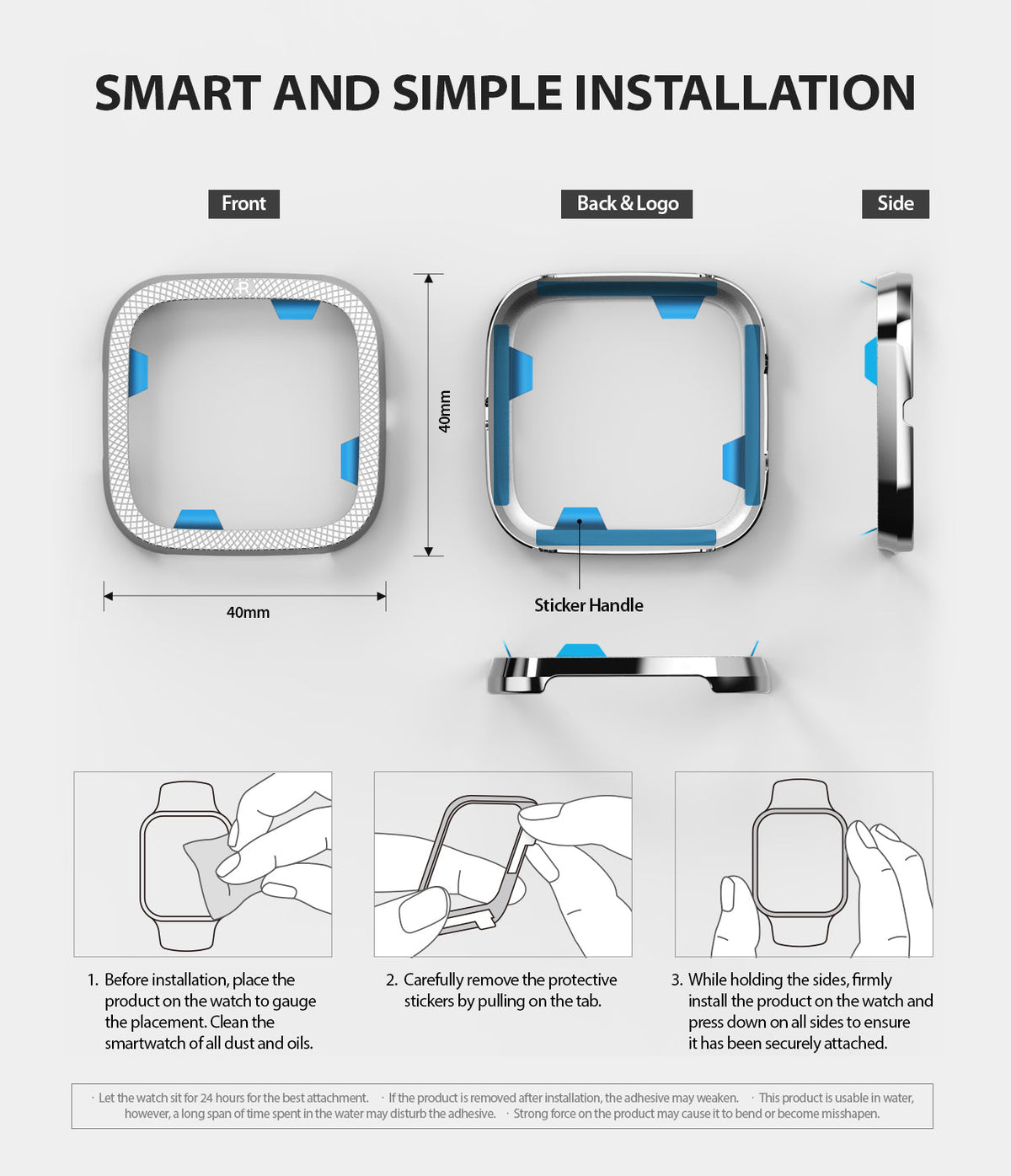 Fitbit Versa 2 | Bezel Styling 42 - Three-step installation guide for a smartwatch bezel cover with dimensions and diagrams.