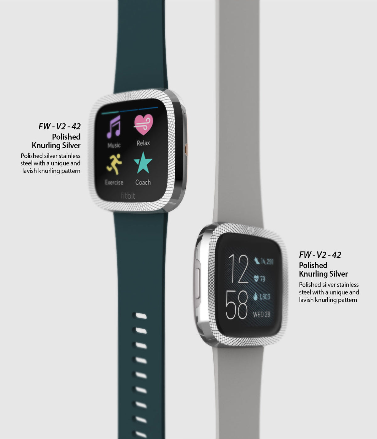 Fitbit Versa 2 | Bezel Styling 42 - Two Fitbit Versa 2 watches with polished silver knurled metal bezels and colored bands.
