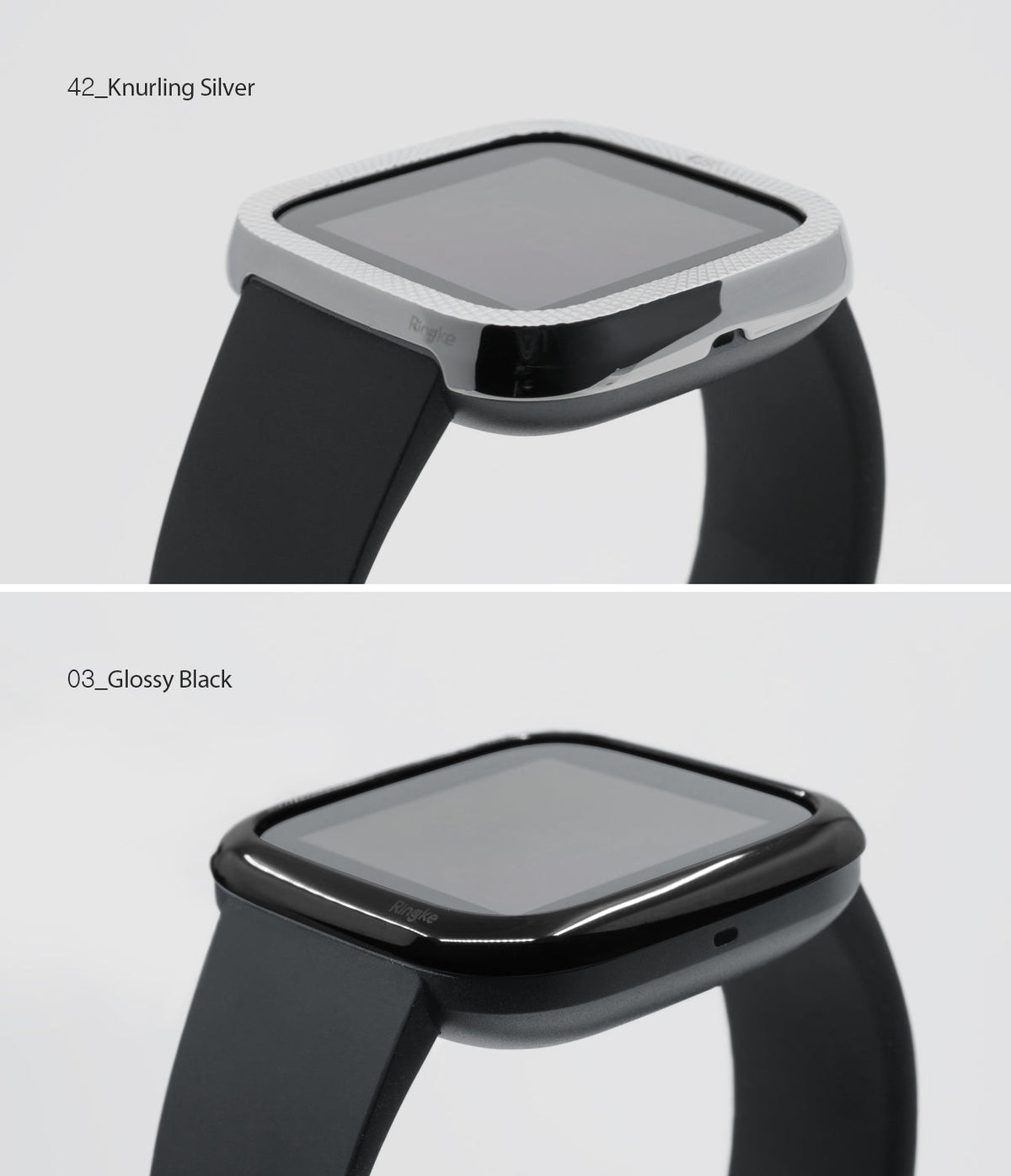 Fitbit Versa 2 | Bezel Styling 42 - Two Fitbit Versa 2 watches with knurled silver and glossy black Ringke bezel covers.