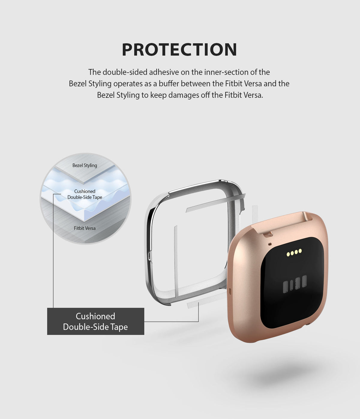 Fitbit Versa 2 | Bezel Styling 42 - Diagram showing adhesive tape layers between the watch bezel and the device.