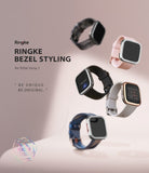 Fitbit Versa 2 | Bezel Styling 42 - Four Fitbit Versa 2 watches with various decorative bezels floating against a soft pink background.