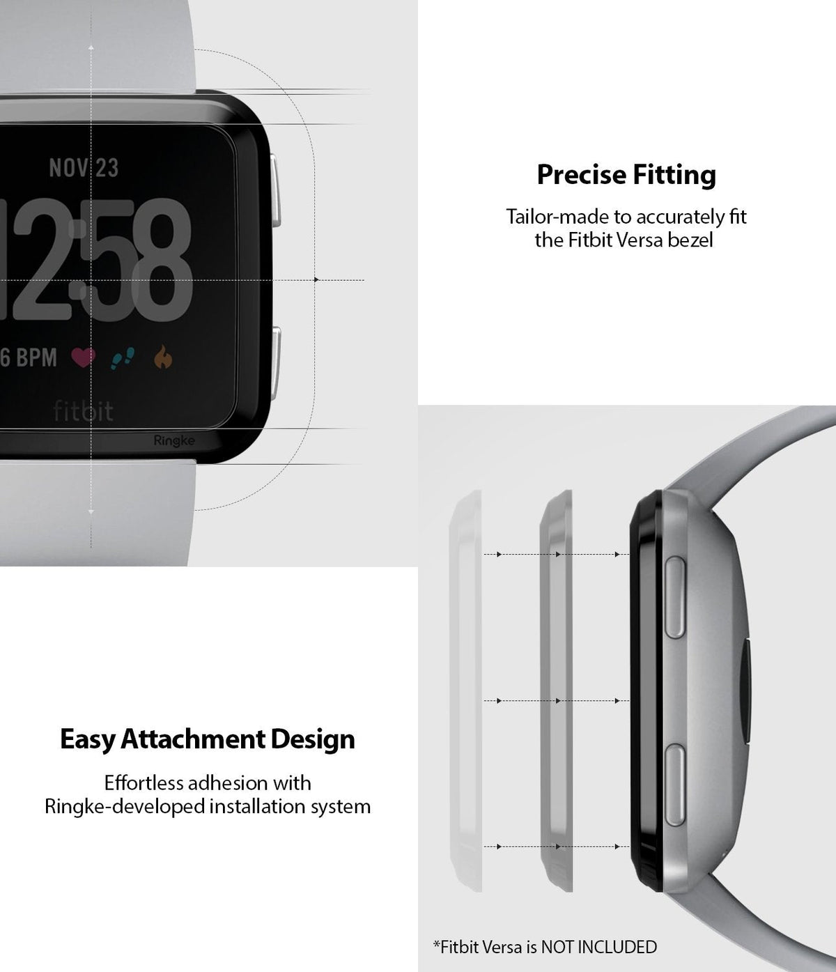 Fitbit Versa | Bezel Styling 03 - Diagram showing precise fit and easy adhesive installation of a watch bezel accessory.