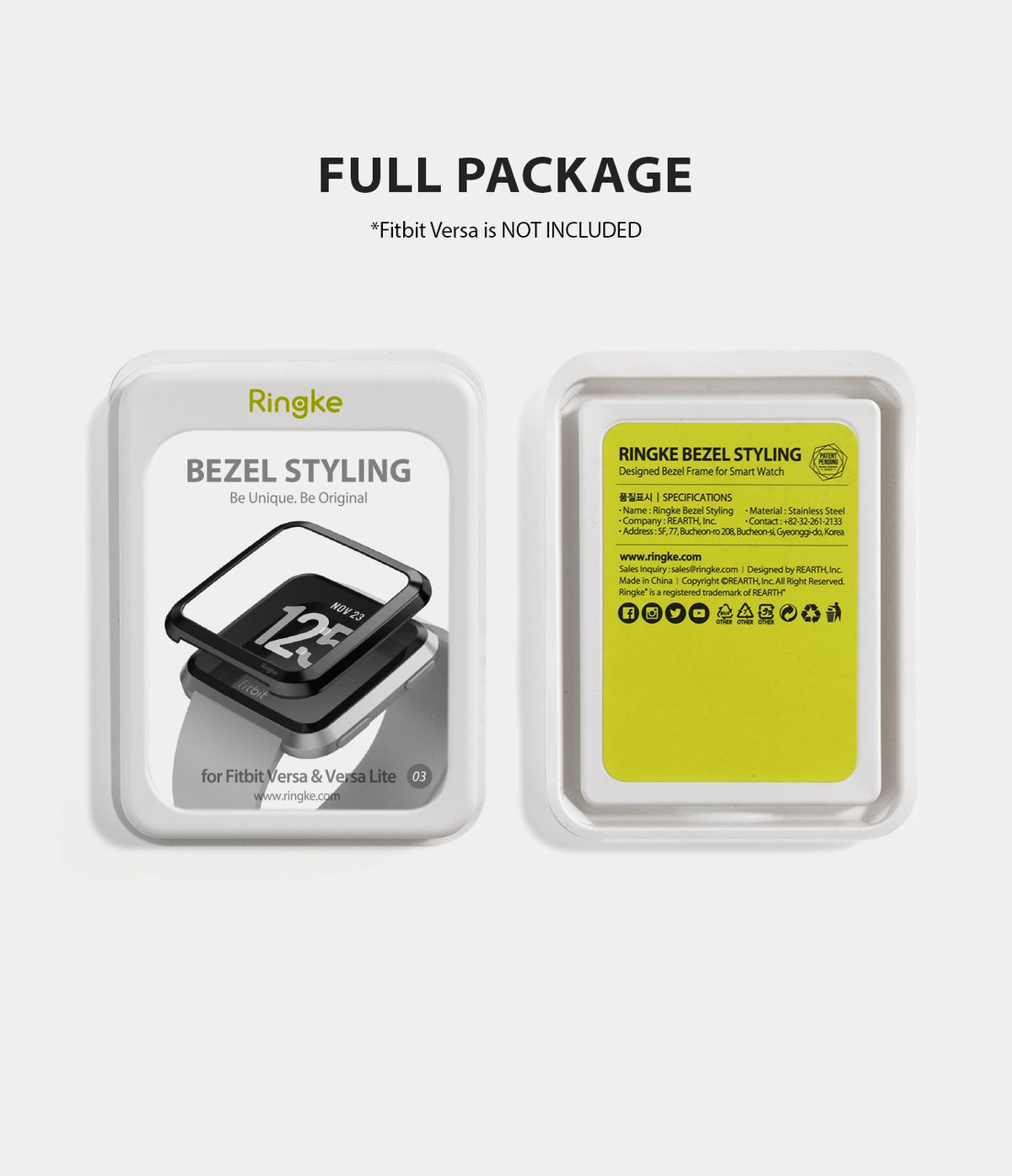 Fitbit Versa | Bezel Styling 03 - Front and back view of Ringke Bezel Styling packaging for Fitbit Versa smartwatches.
