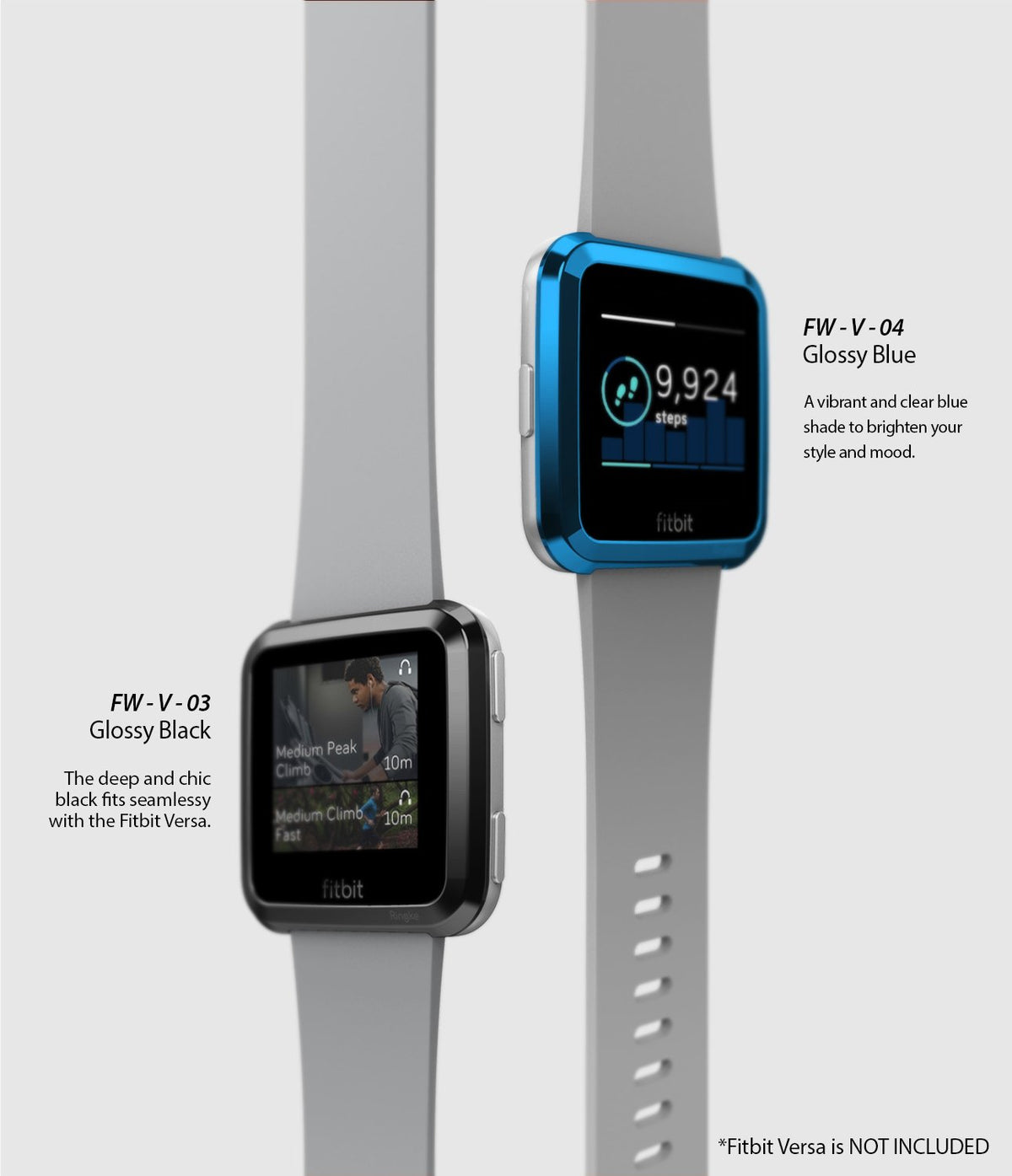 Fitbit Versa | Bezel Styling 03 - Two Fitbit Versa watches with glossy black and blue protective bezel styling rings.