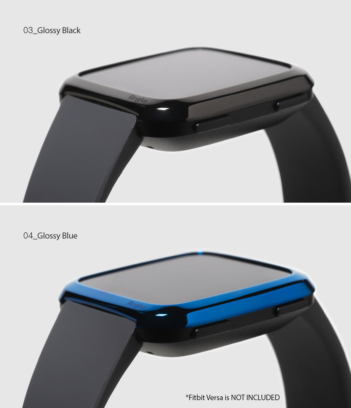 Fitbit Versa | Bezel Styling 03 - Two side-by-side views of glossy black and blue Ringke bezel covers on a Fitbit Versa.