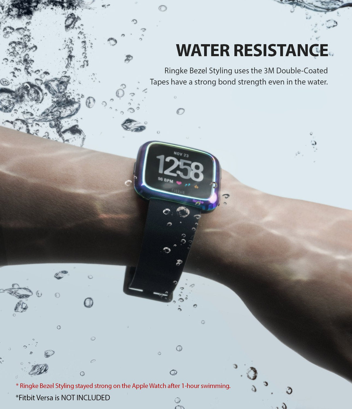 Fitbit Versa | Bezel Styling 06 - Iridescent watch bezel on a Fitbit Versa underwater with bubbles and text about water resistance.