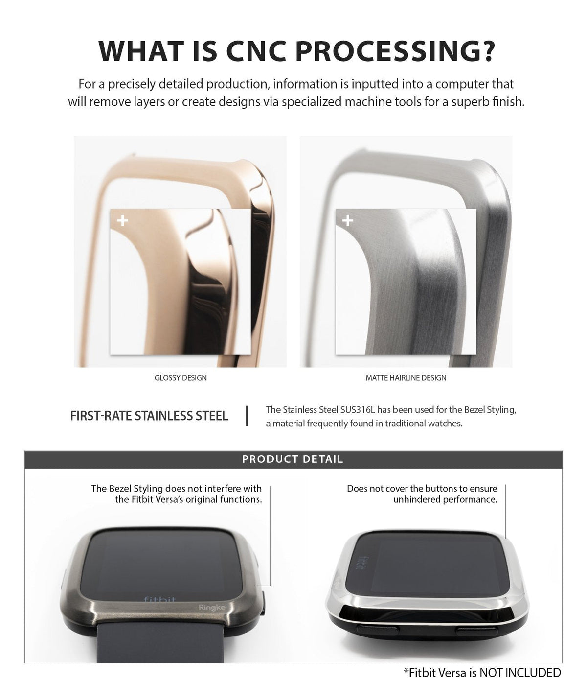 Fitbit Versa | Bezel Styling 03 - Comparison of glossy and matte stainless steel watch bezels with CNC processing details.
