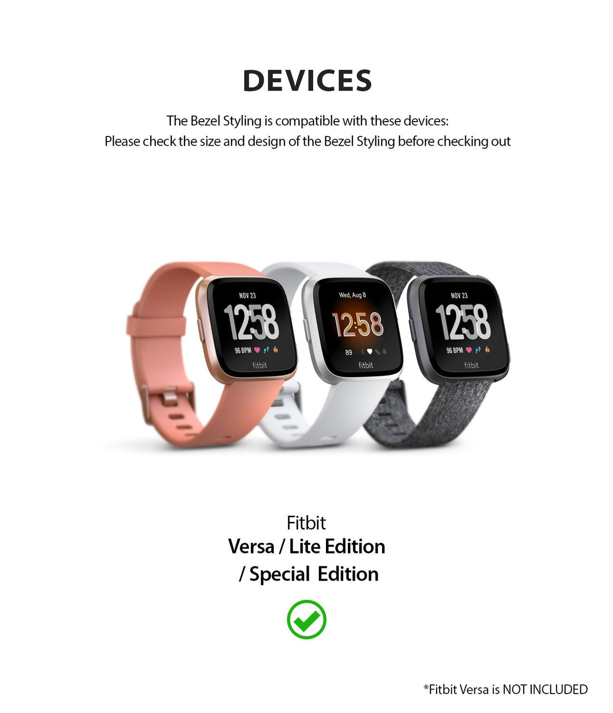 Fitbit Versa | Bezel Styling 02 - Three Fitbit Versa smartwatches with pink, white, and grey bands displayed in a row.