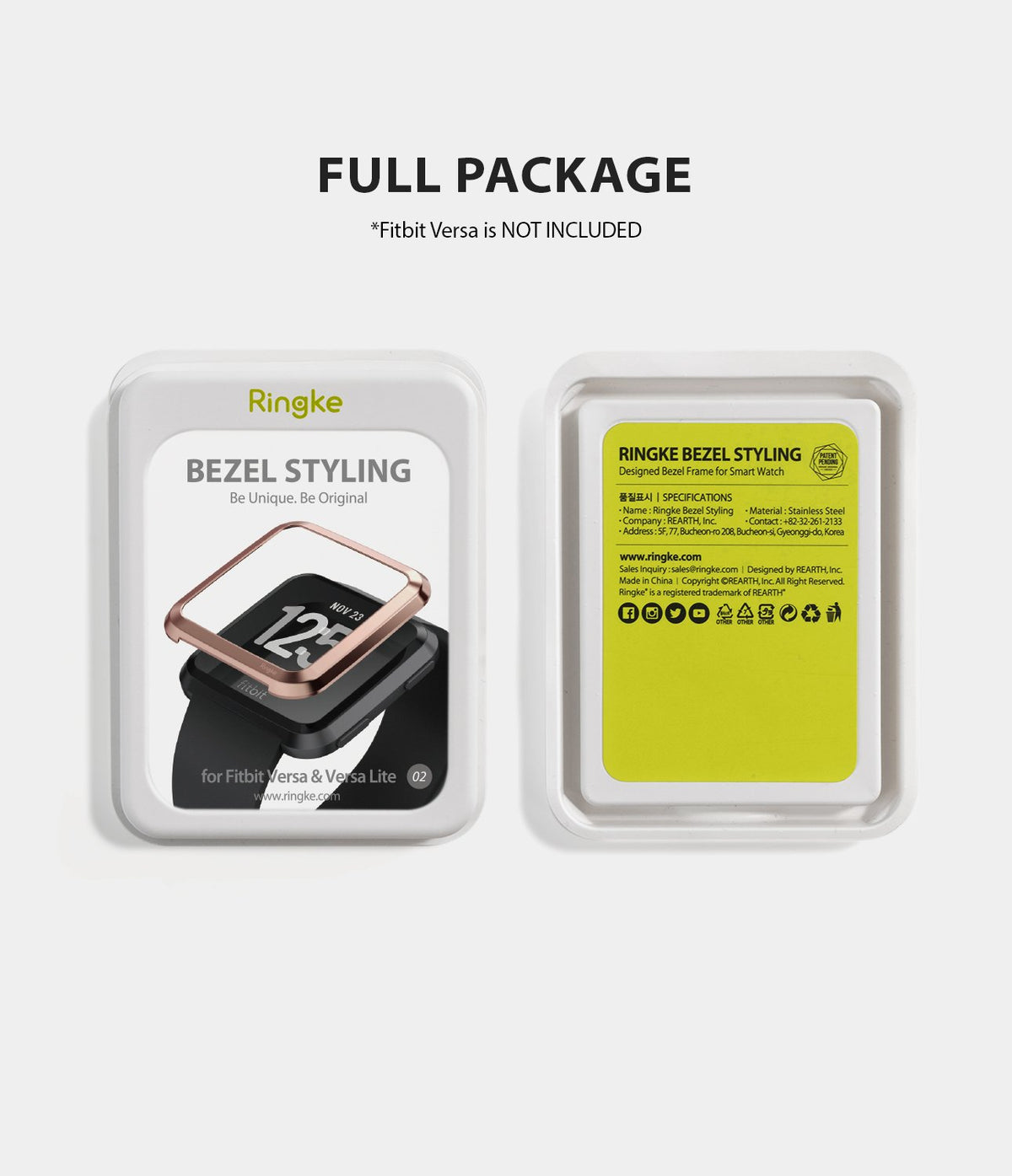Fitbit Versa | Bezel Styling 02 - Front and back view of Ringke bezel styling packaging for Fitbit Versa smartwatches.