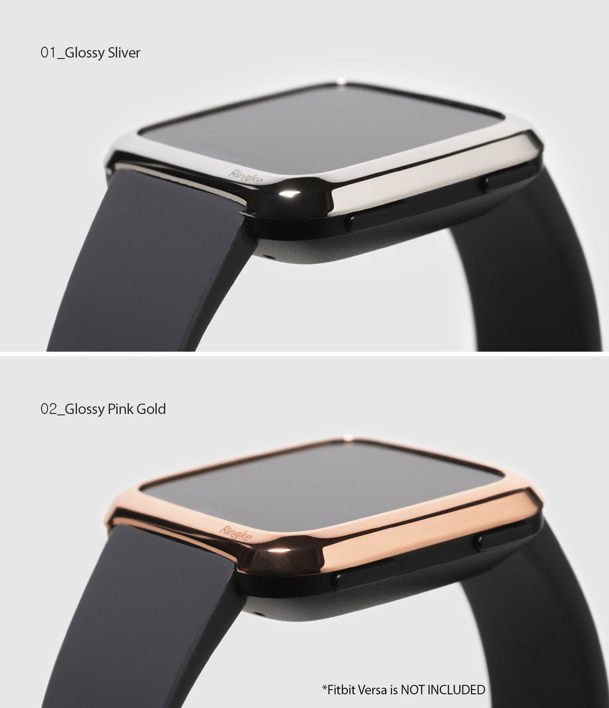 Fitbit Versa | Bezel Styling 02 - Two Fitbit Versa watches featuring glossy silver and pink gold Ringke bezel covers.