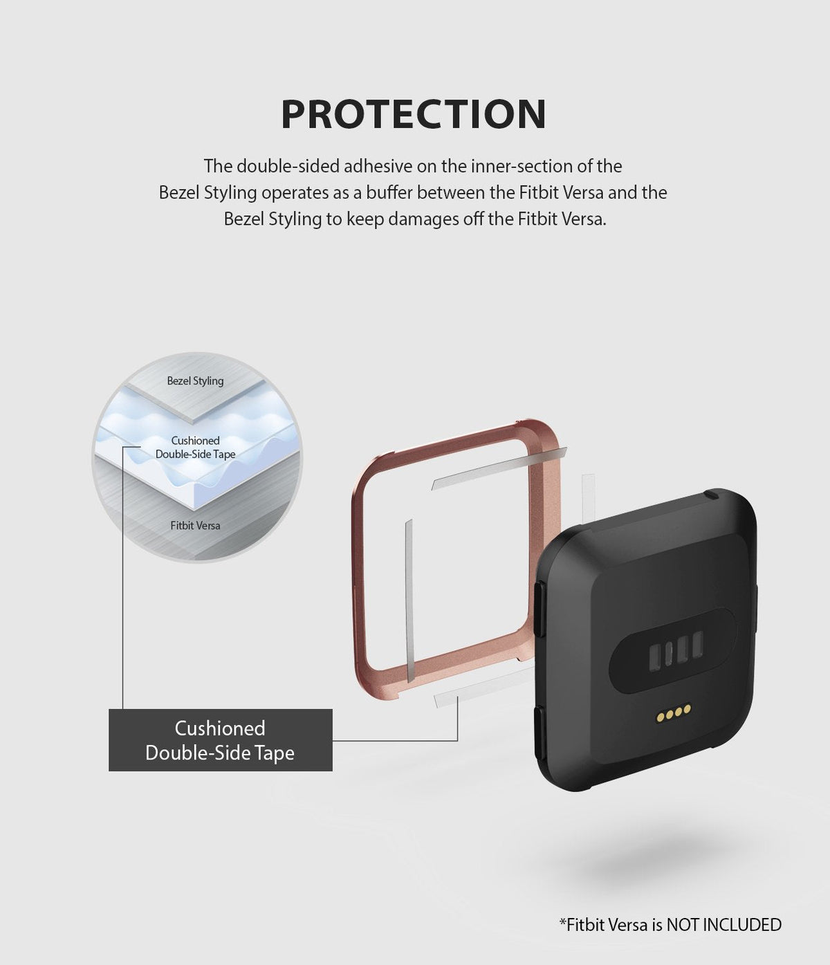 Fitbit Versa | Bezel Styling 02 - Diagram showing adhesive tape between a rose gold bezel and a black Fitbit Versa.
