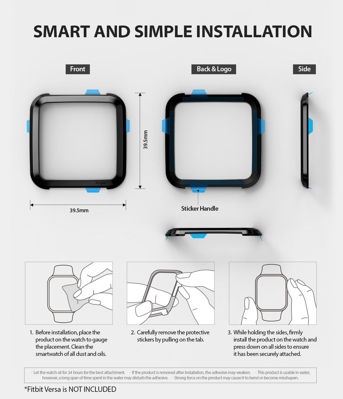 Fitbit Versa | Bezel Styling 03 - Diagram showing front, back, and side views of a watch bezel with installation instructions.