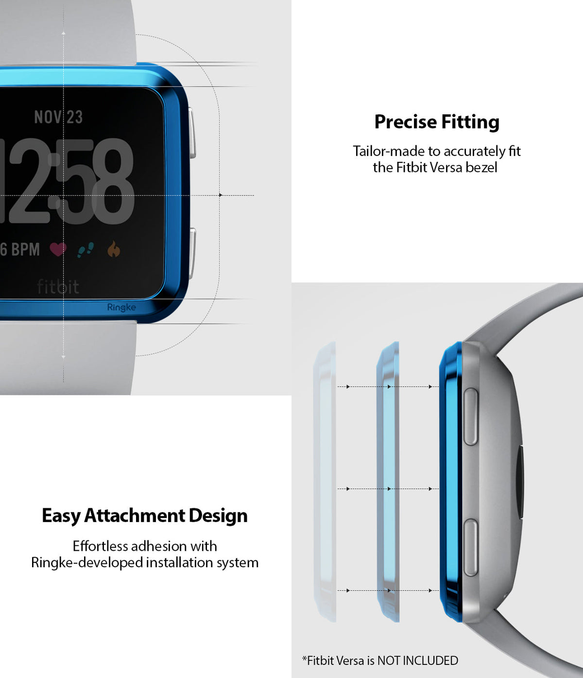 Fitbit Versa | Bezel Styling 04 - Blue bezel accessory showing precise fit and adhesive installation on a Fitbit Versa.