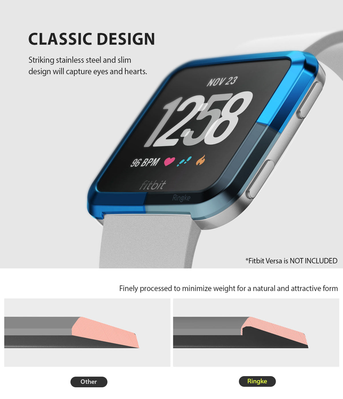 Fitbit Versa | Bezel Styling 04 - A blue stainless steel bezel accessory attached to a Fitbit Versa watch face.
