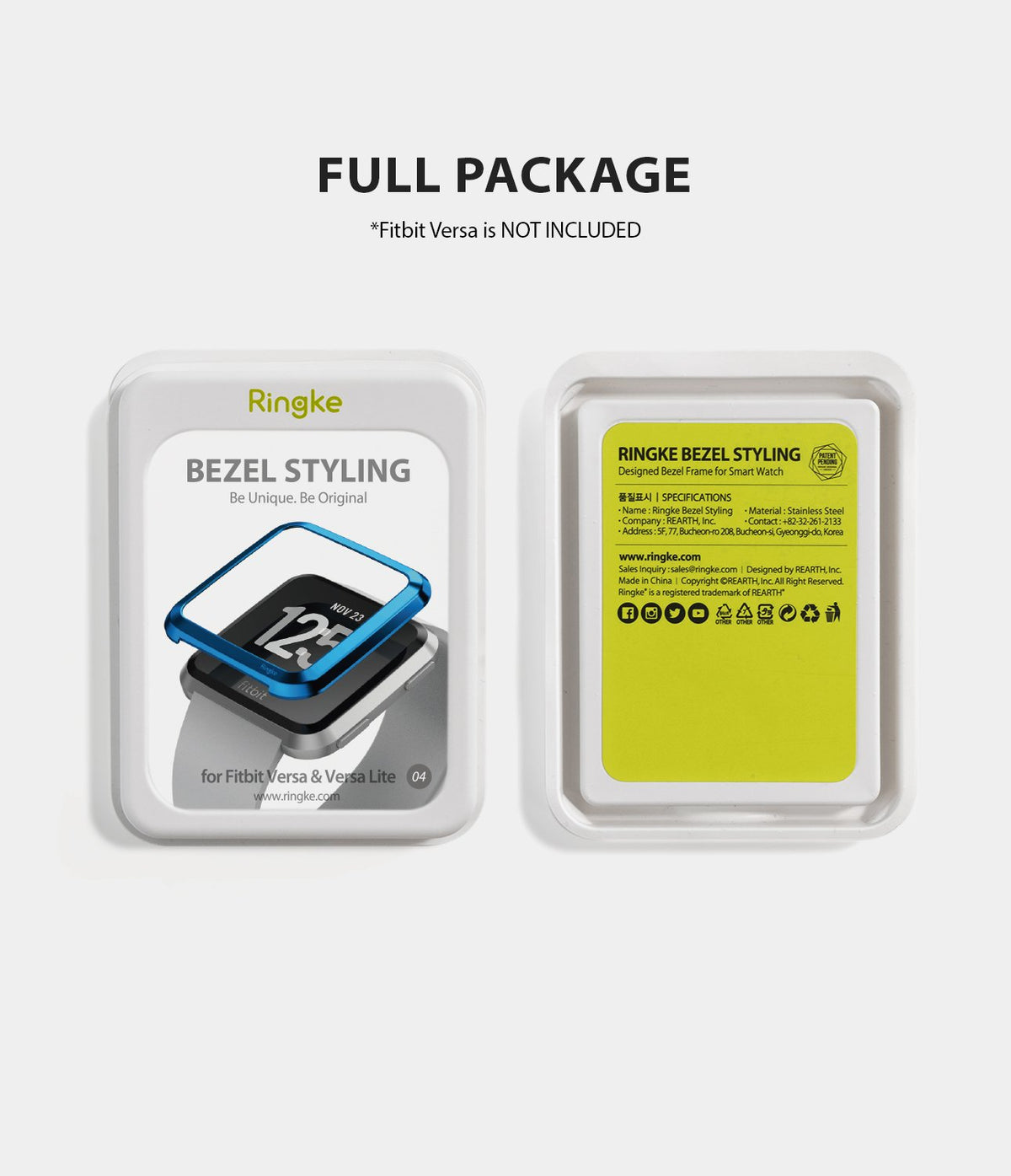 Fitbit Versa | Bezel Styling 04 - Front and back view of Ringke bezel styling packaging for Fitbit Versa smartwatches.