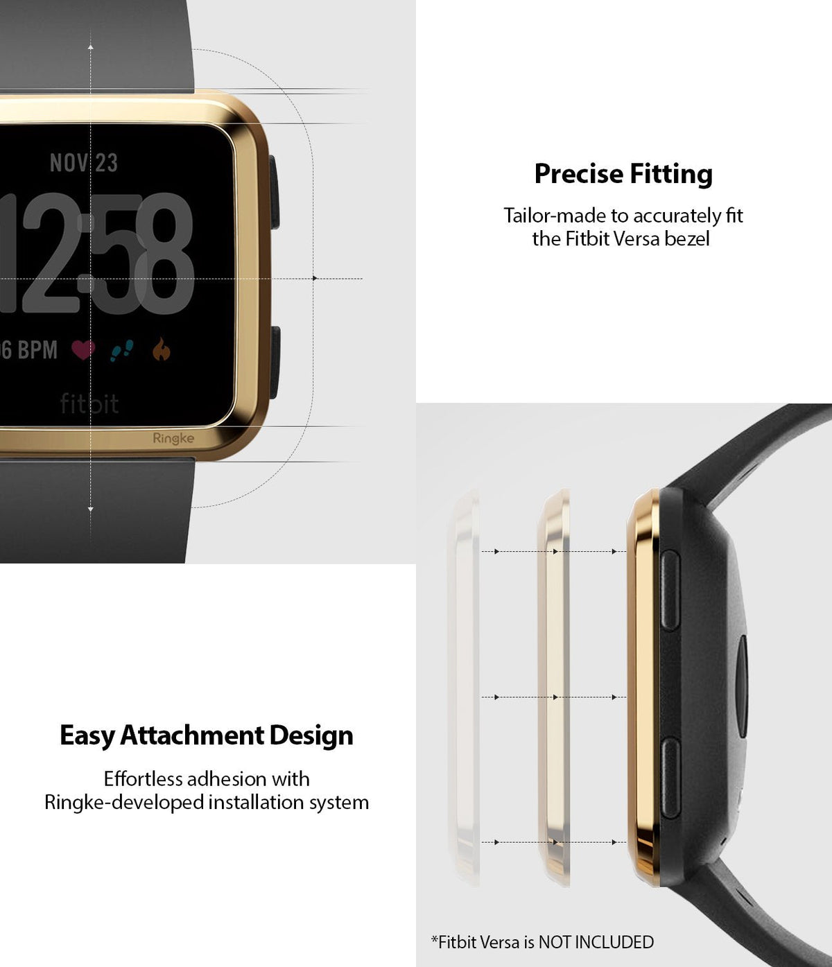 Fitbit Versa | Bezel Styling 05 - Gold adhesive bezel ring shown attached to a Fitbit Versa with alignment diagrams.