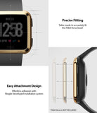 Fitbit Versa | Bezel Styling 05 - Gold adhesive bezel ring shown attached to a Fitbit Versa with alignment diagrams.