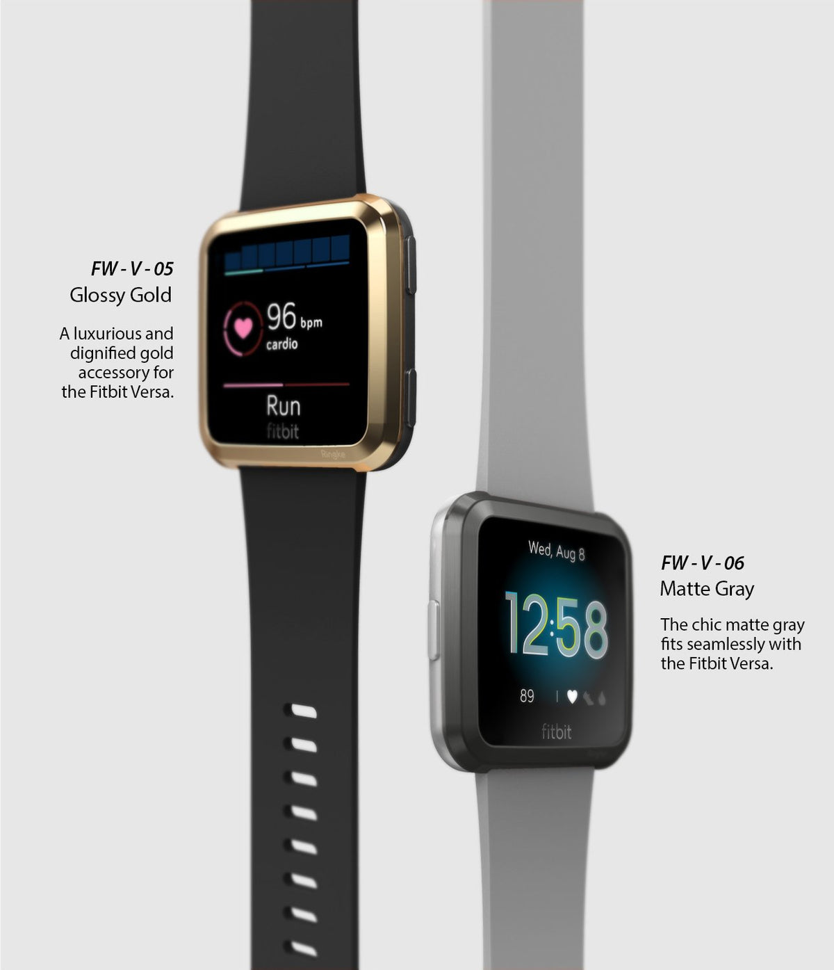 Fitbit Versa | Bezel Styling 05 - Two Fitbit Versa watches with glossy gold and matte gray bezel styling accessories.