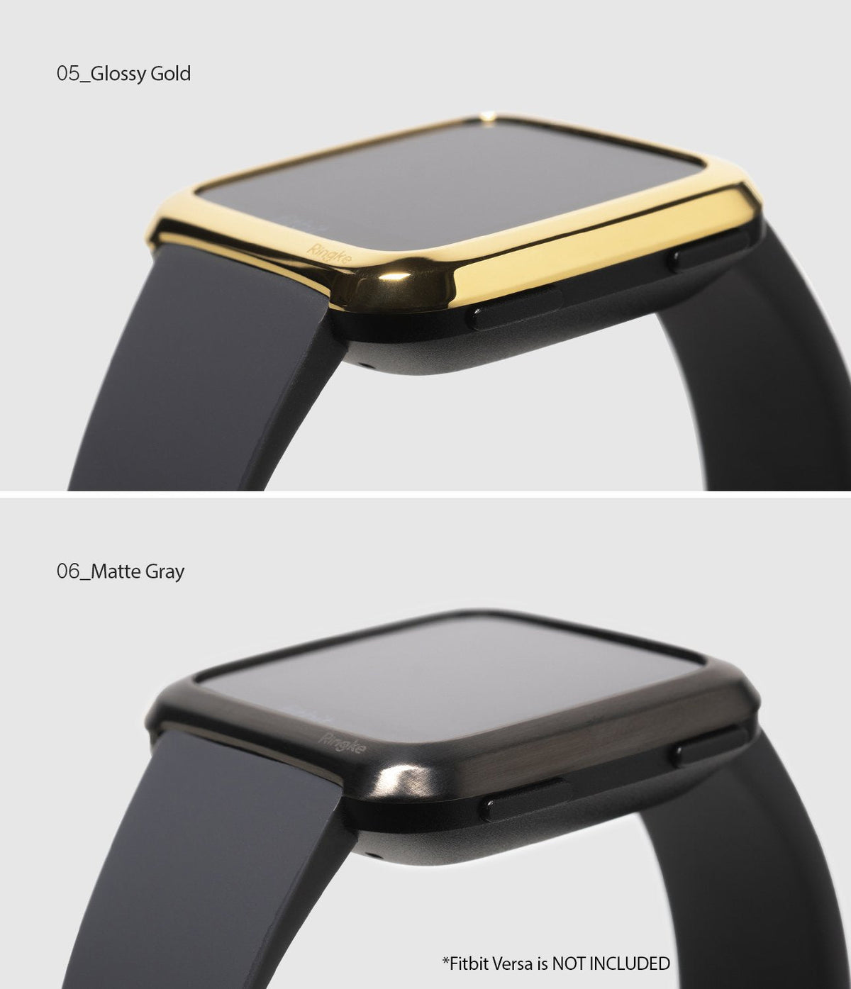 Fitbit Versa | Bezel Styling 05 - Close-up of glossy gold and matte gray metal bezel covers on a black smartwatch.