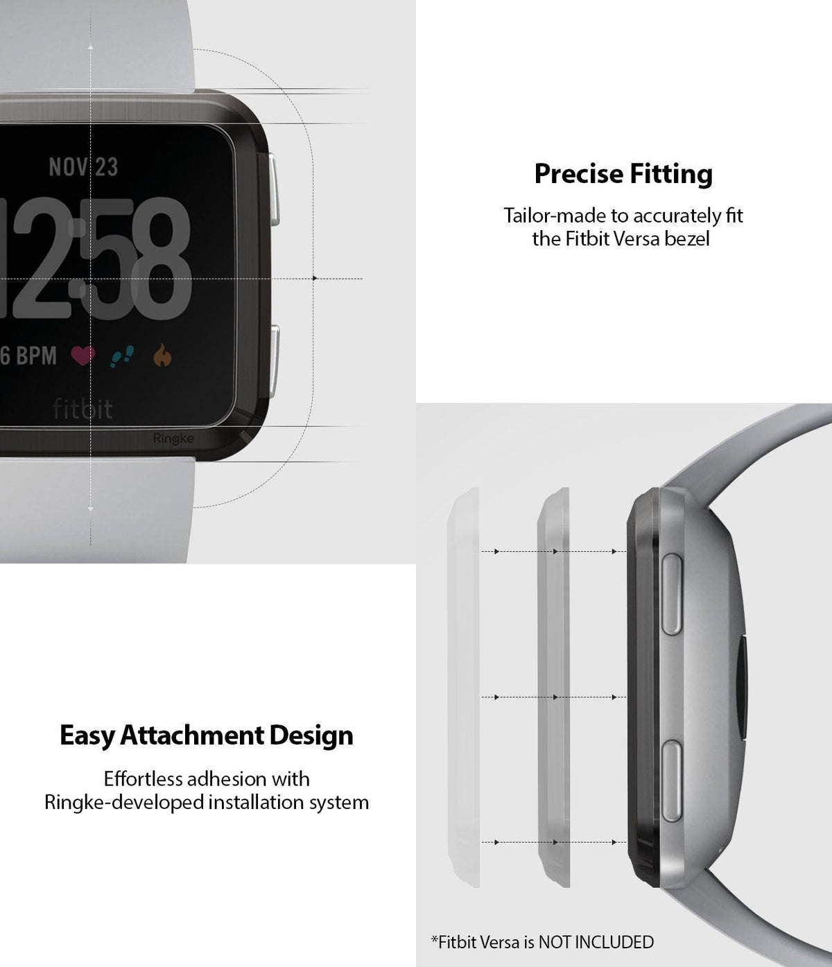 Fitbit Versa | Bezel Styling 06 - Diagrams showing precise fit and easy adhesive installation of a watch bezel cover.