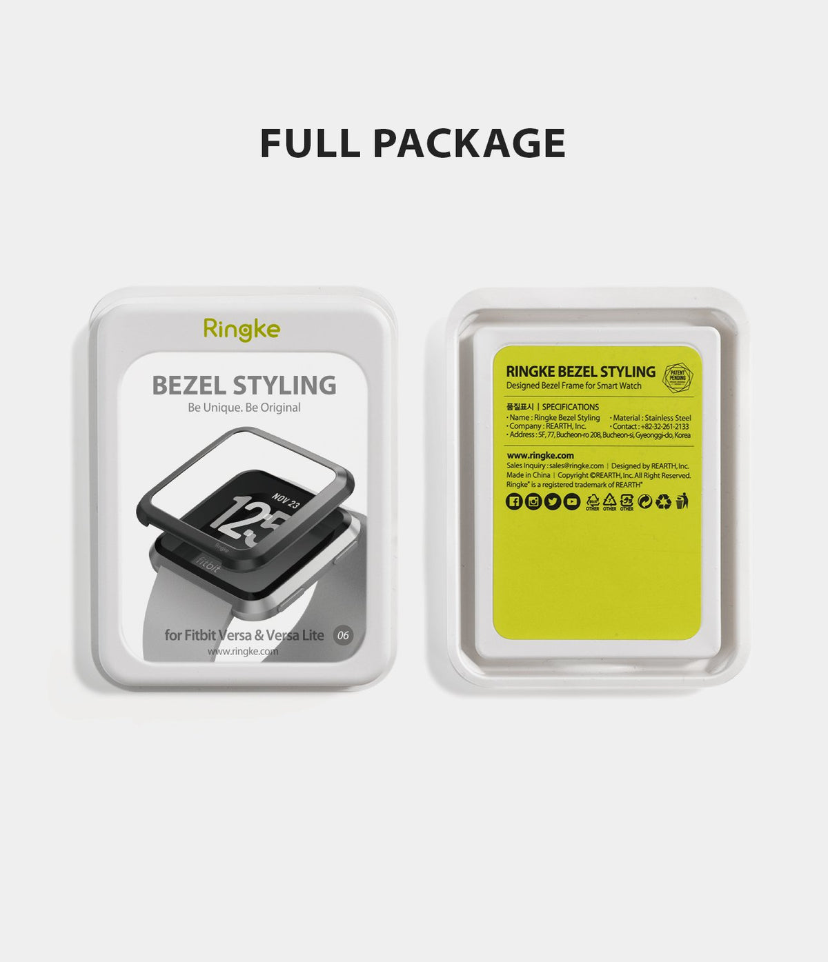 Fitbit Versa | Bezel Styling 06 - Front and back of Ringke bezel styling packaging for Fitbit Versa smartwatches.