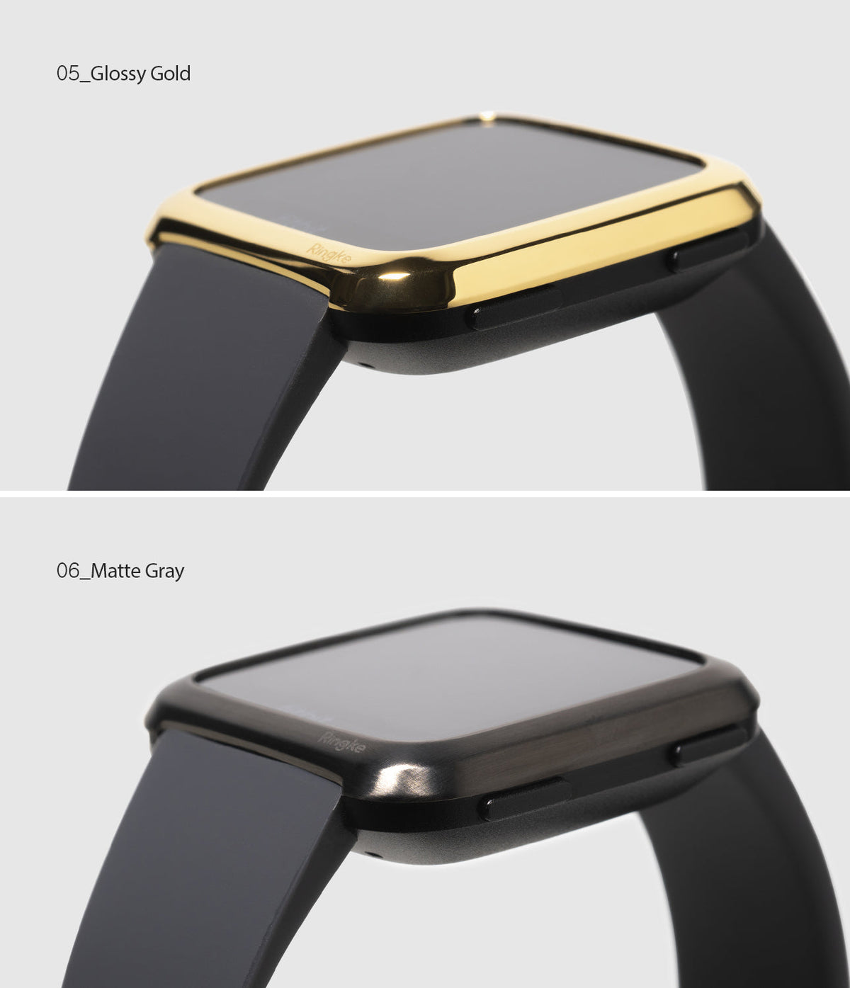 Fitbit Versa | Bezel Styling 06 - Two Fitbit Versa watches featuring glossy gold and matte gray Ringke bezel covers.