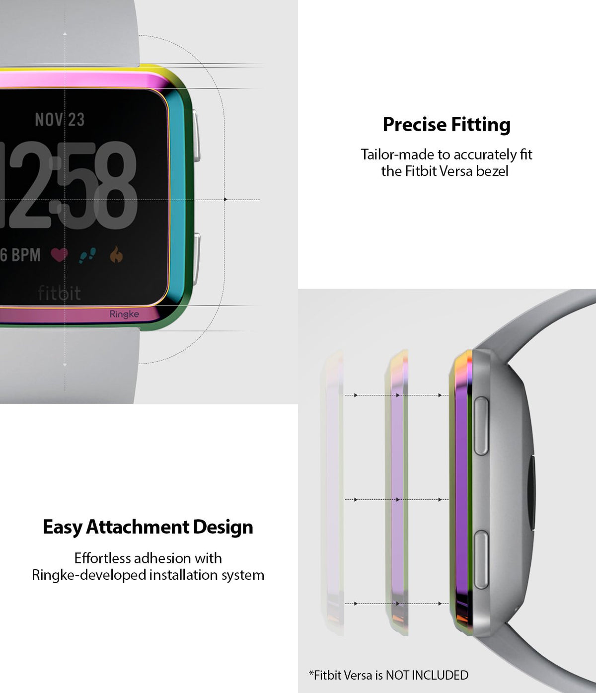 Fitbit Versa | Bezel Styling 08 - Rainbow metallic bezel ring attached to a Fitbit Versa watch with installation diagrams.