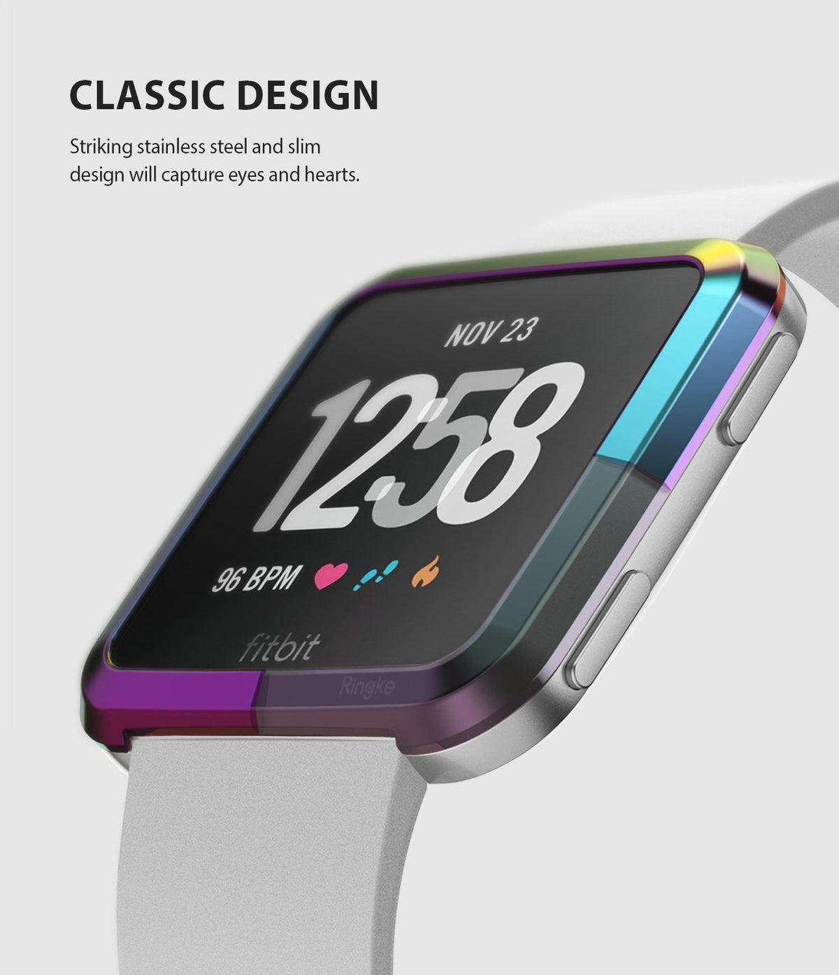 Fitbit Versa | Bezel Styling 08 - Iridescent stainless steel bezel ring on a Fitbit Versa with a white band.