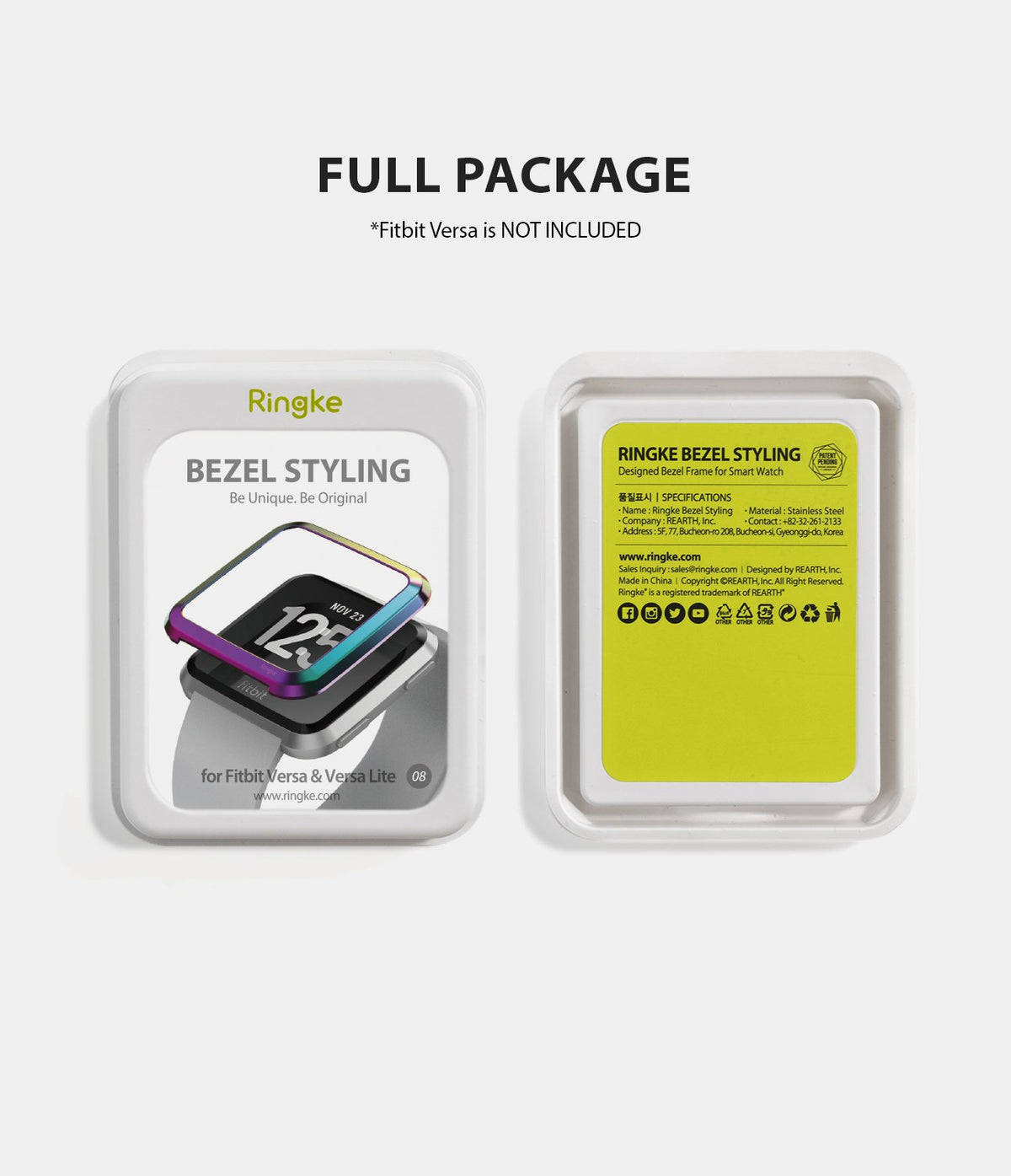 Fitbit Versa | Bezel Styling 08 - Front and back of Ringke bezel styling packaging for Fitbit Versa smartwatches.