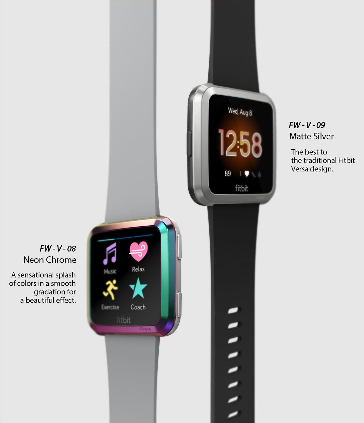 Fitbit Versa | Bezel Styling 08 - Two Fitbit Versa watches with neon chrome and matte silver Ringke bezel styling accessories.