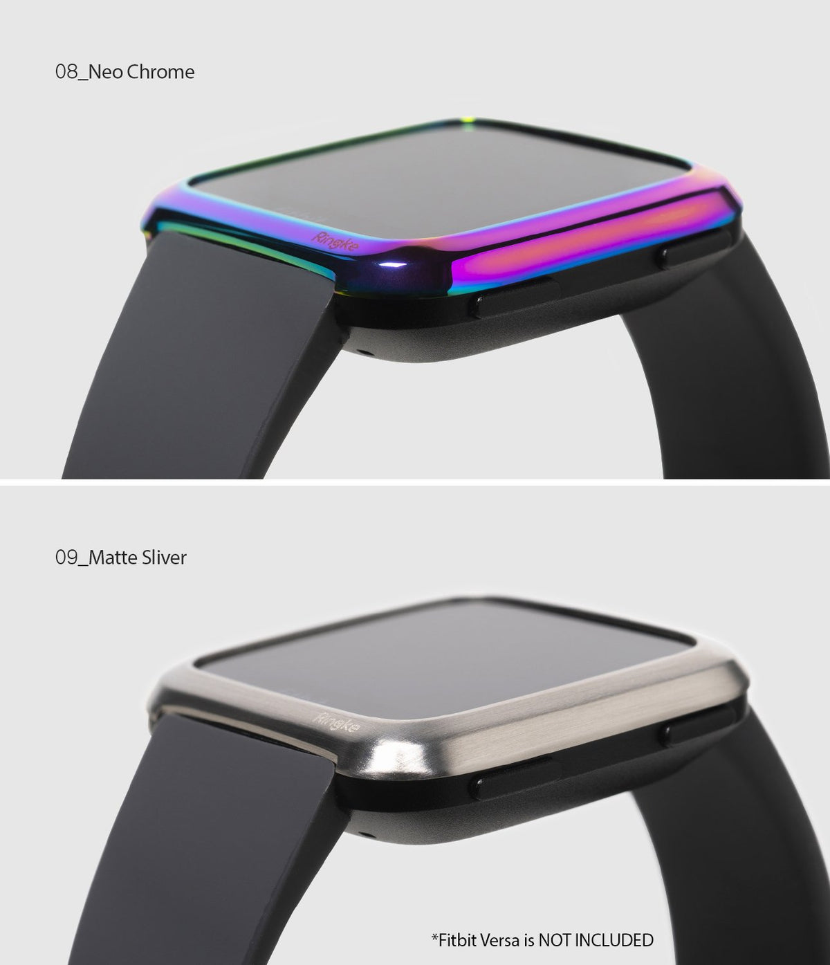 Fitbit Versa | Bezel Styling 08 - Two Fitbit Versa watches featuring iridescent neo-chrome and matte silver bezel styling covers.
