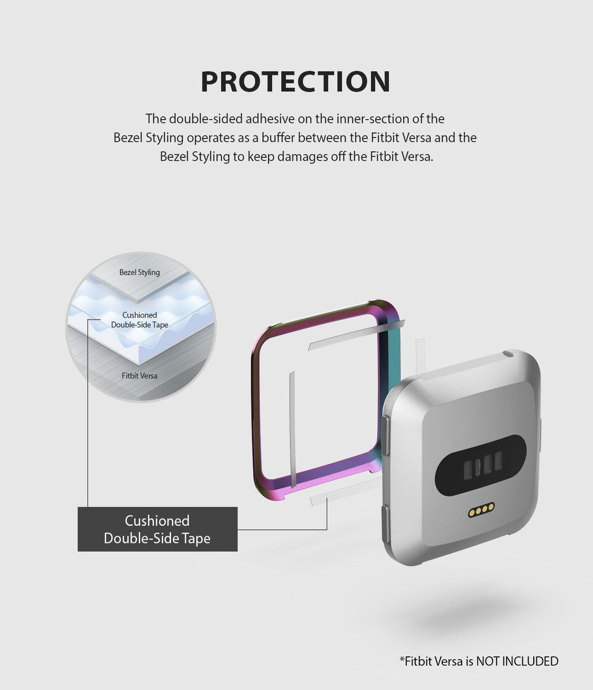 Fitbit Versa | Bezel Styling 08 - Diagram showing adhesive tape layers between a Fitbit Versa and a protective bezel.