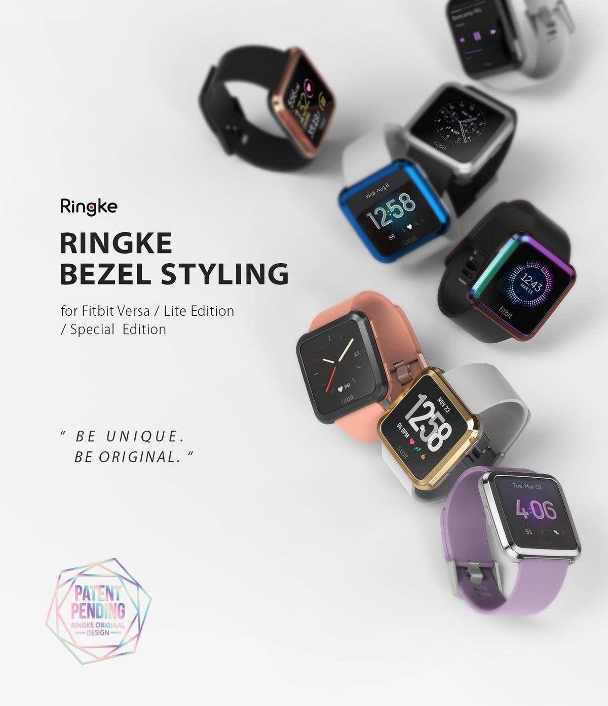 Fitbit Versa | Bezel Styling 02 - Multiple Fitbit Versa smartwatches with colorful, metallic Ringke bezel accessories.