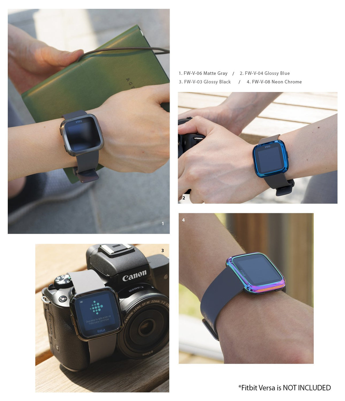 Fitbit Versa | Bezel Styling 05 - Four views of Fitbit Versa watches featuring matte gray, glossy blue, black, and neon bezels.
