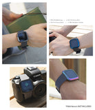 Fitbit Versa | Bezel Styling 05 - Four views of Fitbit Versa watches featuring matte gray, glossy blue, black, and neon bezels.