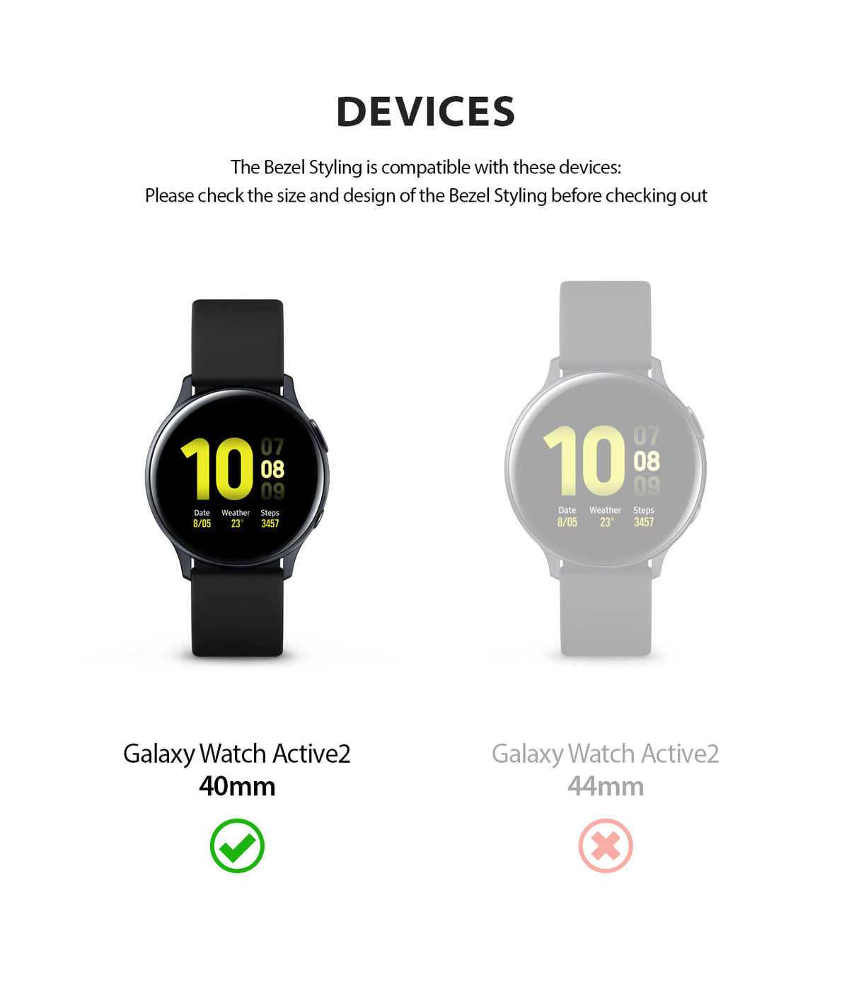 Galaxy Watch Active 2 (40mm) | Metal One Band [Silver] - Comparison chart showing 40mm watch with check and 44mm with X.