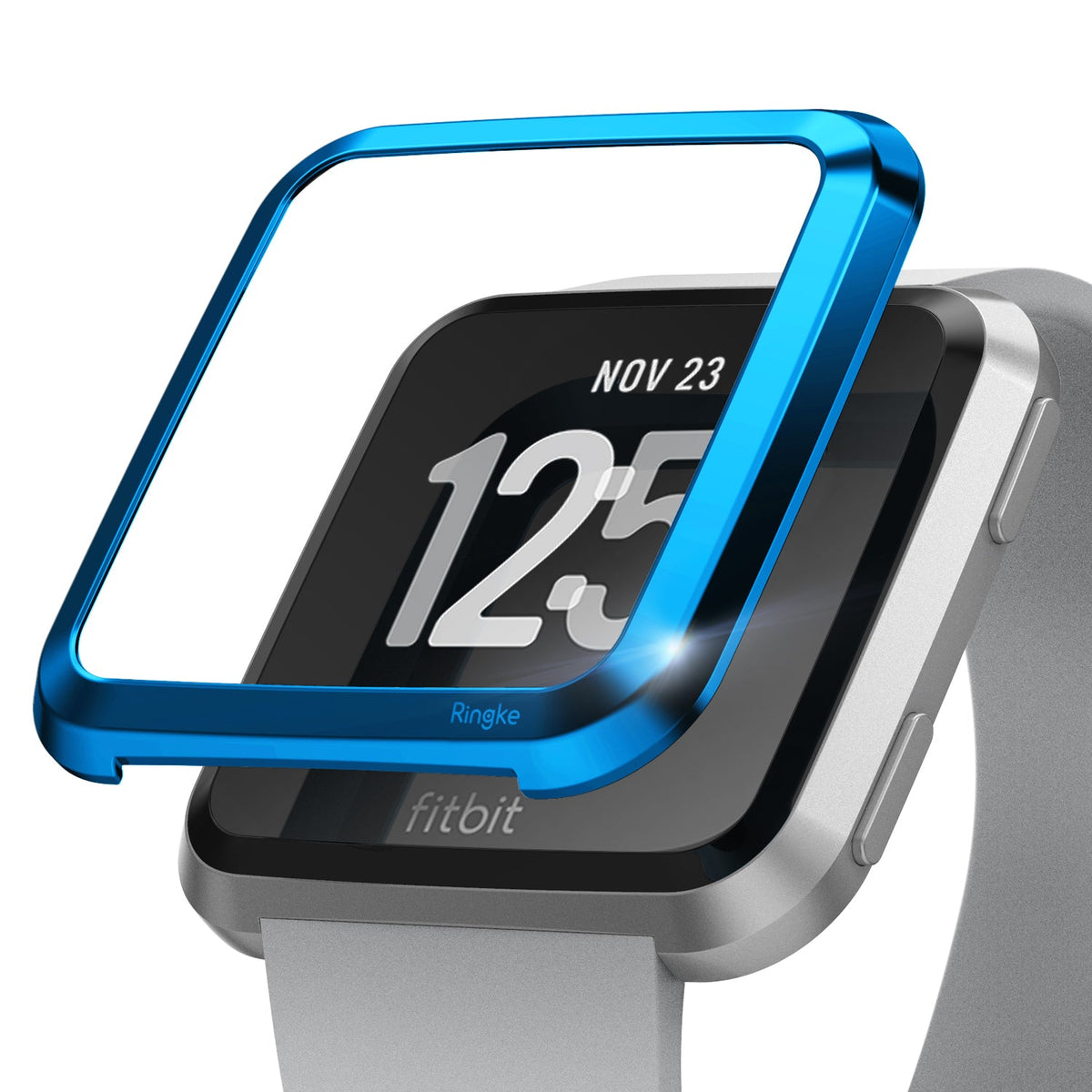 Fitbit Versa | Bezel Styling 04 - A metallic blue bezel accessory hovering above a silver Fitbit Versa smartwatch.