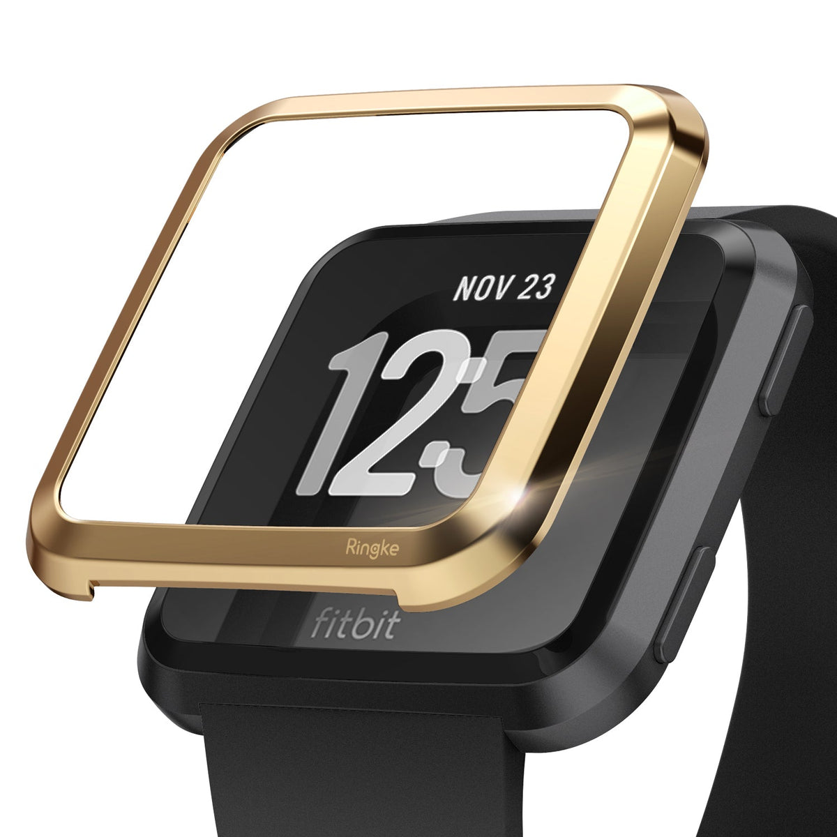 Fitbit Versa | Bezel Styling 05 - A gold metallic bezel accessory hovering above a black Fitbit Versa smartwatch.