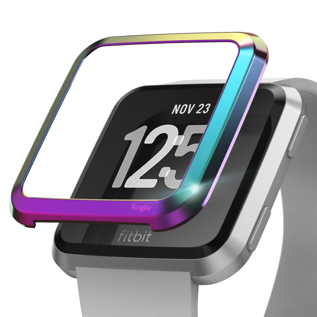 Fitbit Versa | Bezel Styling 08 - Iridescent rainbow-colored metal bezel cover hovering above a silver Fitbit Versa smartwatch.