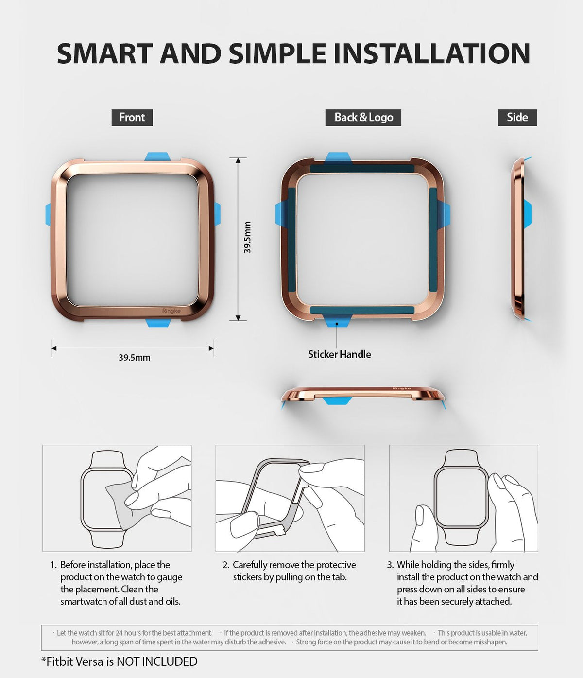 Fitbit Versa | Bezel Styling 02 - Diagrams showing the rose gold bezel frame and three-step installation instructions.