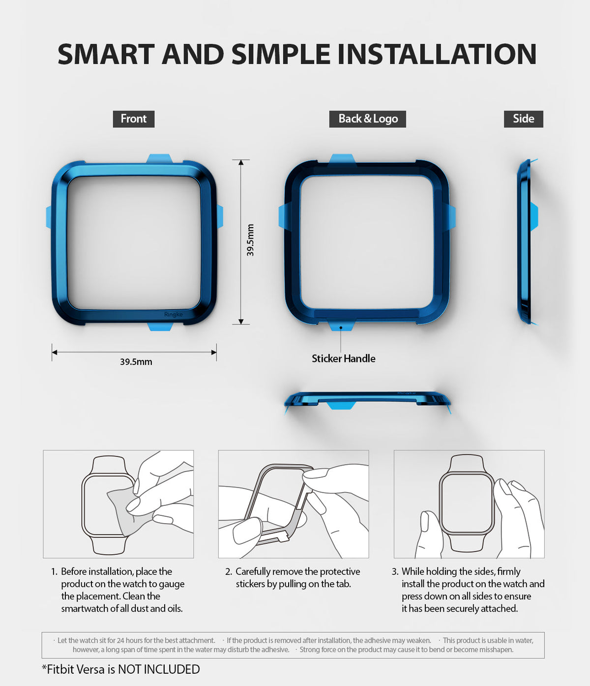 Fitbit Versa | Bezel Styling 04 - Blue metallic bezel frame for Fitbit Versa with installation steps and dimensions.