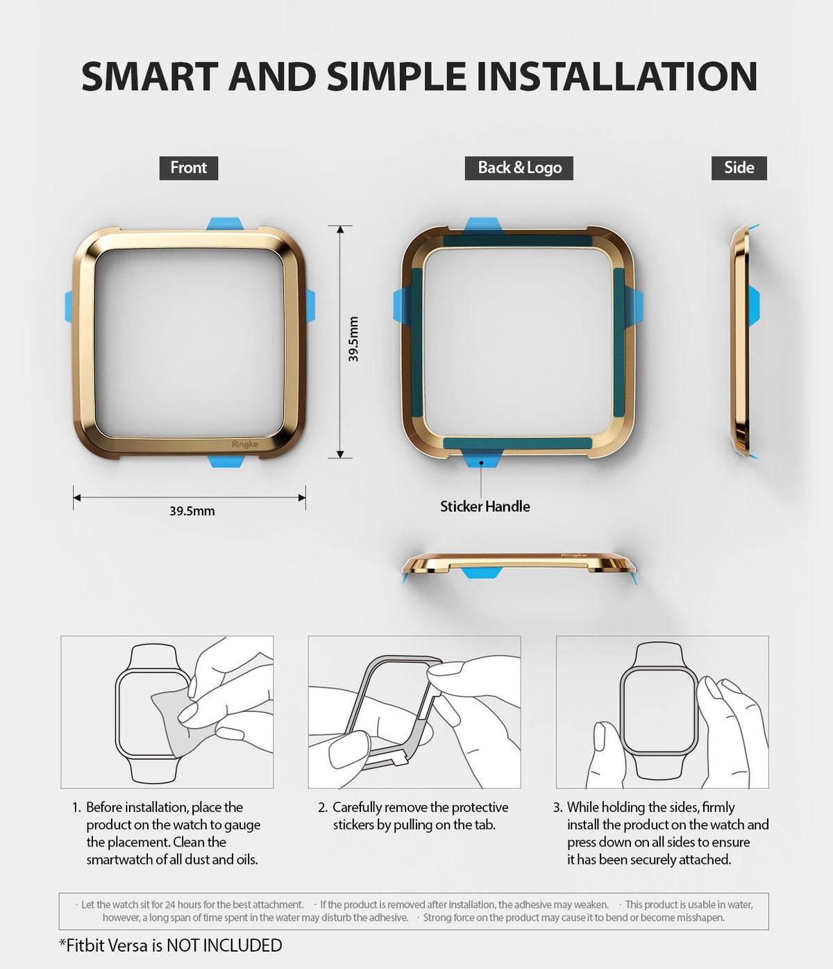 Fitbit Versa | Bezel Styling 05 - Gold bezel frame with installation diagrams and instructions for a Fitbit Versa.