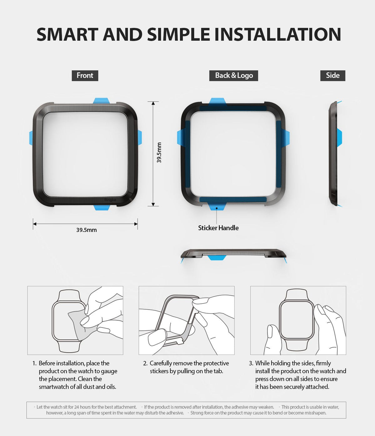 Fitbit Versa | Bezel Styling 06 - Diagrams showing dimensions and three-step installation instructions for a watch bezel.