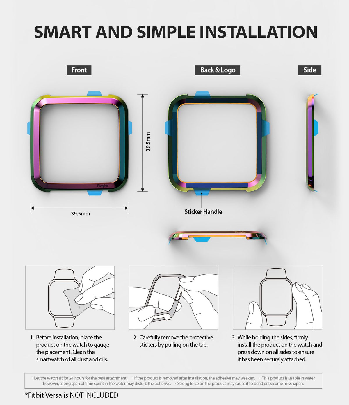 Fitbit Versa | Bezel Styling 08 - Rainbow-colored watch bezel showing dimensions, components, and three-step installation guide.