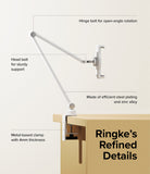 Ringke Clamp Holder - White adjustable desk arm with labeled features including hinge bolts, steel construction, and clamp.