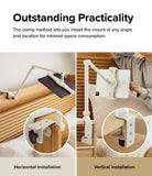 Ringke Clamp Holder - Adjustable tablet arm mount clamped to a bed frame and nightstand in horizontal and vertical positions.